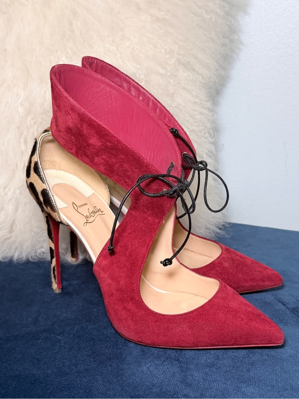 Christian Louboutin red Suede Pointed Lace-Up Pumps with Leopard Heel